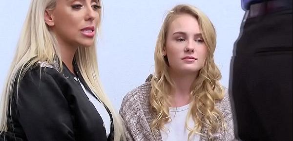  Two hot blondies get hard fucked in a threesome after a security guard caught them stealing. Join us